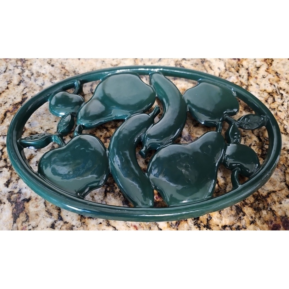 Vintage Cast Iron Enamel Oval Green Fruit Kitchen Trivet 10 3/4 inch x 7 1/2 in